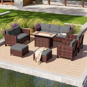Sonkuki 7 Pieces Patio Sofa with Rectangle Fire Pit Table and Ottomans, Wicker Conversation Couch, Navy Blue Cushion - 1 of 4