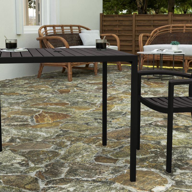 Merrick Lane Faux Teak Outdoor Dining Table with Powder Coated Steel Frame and Umbrella Hole, 4 of 10