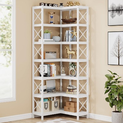 White 7-Tier Adjustable Corner Bookshelf with Metal Frame