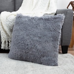 Hastings Home 24" Faux Fur Shag Pillow - Gray - 1 of 4