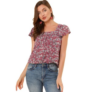 INSPIRE CHIC Women's Chiffon Ruffle Sleeve Square Neck Floral Print Blouse - 1 of 4