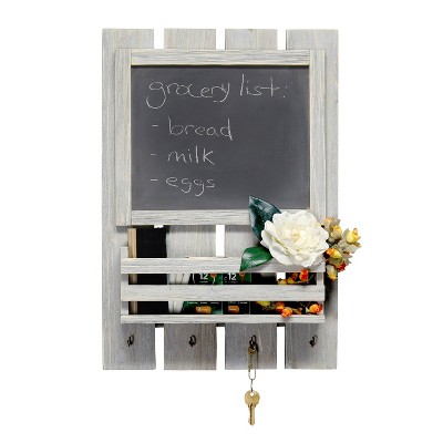Gray Wash Wooden Chalkboard Sign with Key Holder Hooks and Mail Storage