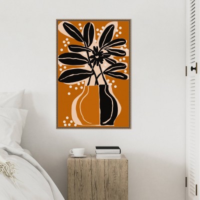 Ochre and Black Abstract Botanical Framed Canvas Art 23"x33"