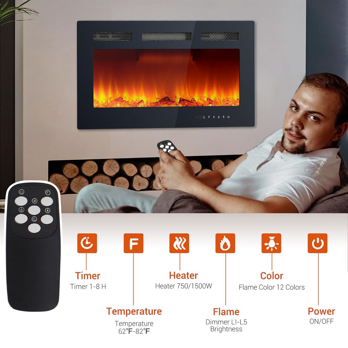 30 Inch Wall-Mounted Electric Fireplace - Adjustable Flame Color & Brightness, Quiet Heater with Overheat Protection - thumbnail 5