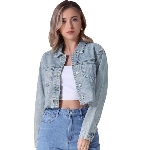 INSPIRE CHIC Women's Long Sleeve Button Down Turndown Collar Frayed Hem Trendy Cropped Washed Denim Jacket - 1 of 4