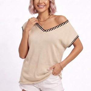 Anna-Kaci Women's V Neck Sweater Top Contrast Trim Dolman Short