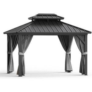 Hardtop Gazebo 10x12FT, Aluminum Frame Canopy with Double Metal Roof, with Netting, All Weather Permanent Pavilion for Backyard, Patio and Deck, Grey - 1 of 4
