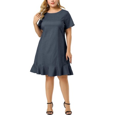 Agnes Orinda Women's Plus Size Cross Back Ruffle Hem Formal Chambray T-Shirt Dresses