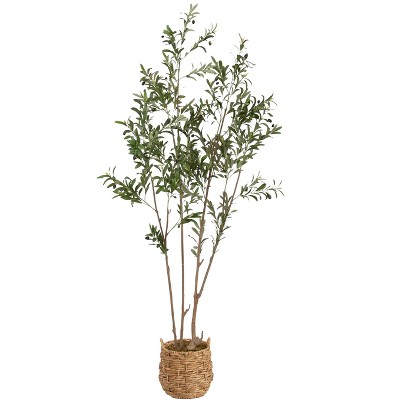 Kate and Laurel Oliveira Faux Olive Tree with Livia Woven Basket, 7 FT, Natural Water Hyacinth