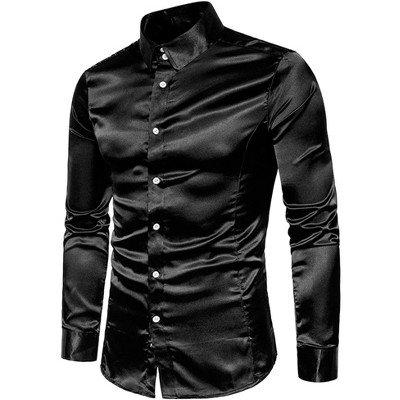 Men Long Sleeve Business Formal Casual Tops Classic Faux Satin Silk Dress  Shirt