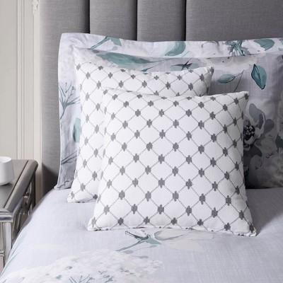 Gray and White Embroidered Cotton Square Throw Pillow
