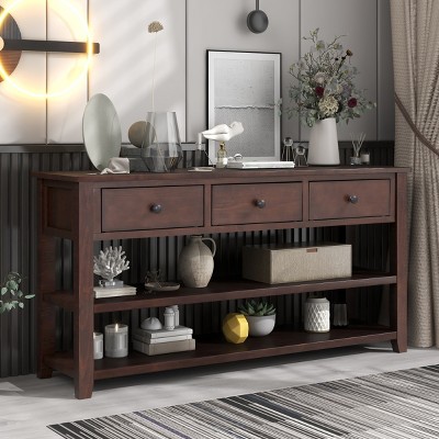 50" Mid-Century Console Table with 3 Drawers & 2 Open Shelves,Solid Wood Entryway Table for Living Room,Hallway-Baofuwish