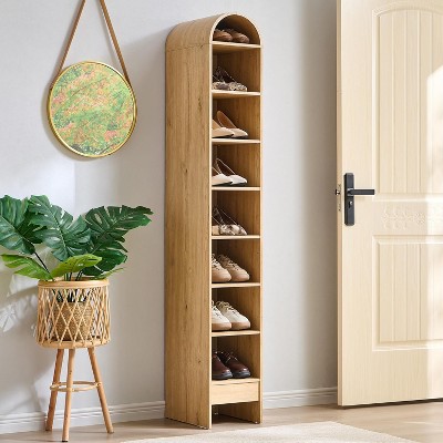 67" Shoe Rack with 3 Adjustable Shelves, Wooden 8 Tiers shoe organizer for 8 Pairs Shoe, Vertical Tall Shoe Storage, Beige
