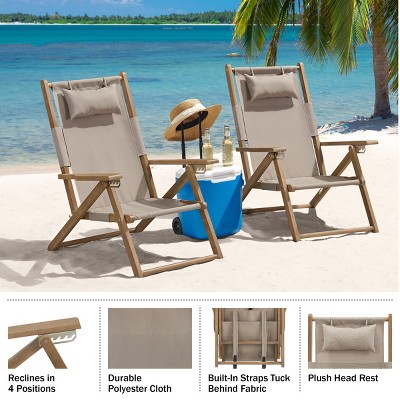 Taupe Eucalyptus Wood Folding Beach Chairs with Arms, Set of 2