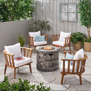 Christopher Knight Home Whitehall Outdoor Acacia Wood 5 Piece Club Chair and Fire Pit Set with Cushions - 1 of 4