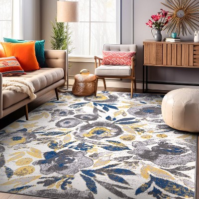 Ivory Floral Bliss 5' x 7' Easy-Care Synthetic Area Rug