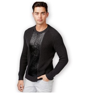 I.N.C International Concepts Mens Faux Leather Cable Knit Pullover Sweater, Grey, Medium - 1 of 1