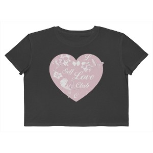 Rerun Island Women's Self Love Club Heart Short Sleeve Graphic Cotton Cropped Loose T-shirt - Caviar S - 1 of 4