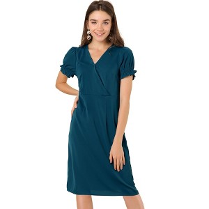 Allegra K Women's Casual V Neck A-Line Summer Short Puff Sleeves Dress - 1 of 4