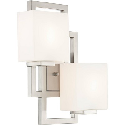 Possini Euro Design Modern Wall Light Sconce Brushed Nickel Hardwired 15 1/2" 2-Light Fixture Square Opal Glass Bedroom Bathroom