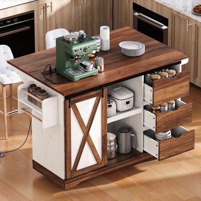 Lycvki 55.5" Farmhouse Kitchen Island with Drop Leaf and Barn Door