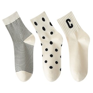 Anna-Kaci 3 Pairs Women's Crew Socks in Cotton Blend Ribbed Cuff Assorted Stripes Dots Letter Graphic Print Design - 1 of 4