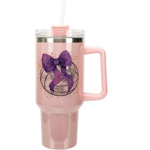 Elanze Designs 40 Ounce Stainless Steel Double Wall Insulated Glitter Travel Tumbler With Handle, Straw, and Lid, Volleyball With Purple Bow Pale Pink - 1 of 1