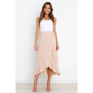 Coolmee Women's Ruffle Wrap Skirt Tie Waist Boho High Low Asymmetrical Midi Beach Skirt - 1 of 4