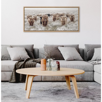 Herd of Highland Cows Natural Framed Canvas Print, 18x40