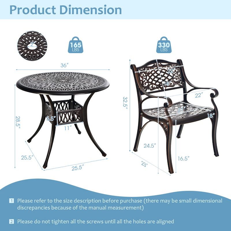 Costway 3 PCS Patio Dining Bistro Set Cast Aluminum Round Patio Table W/Chairs, 3 of 10