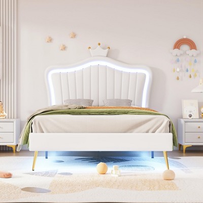 SC-1PC   Twin Size Upholstered Bed Frame with LED Lights, Modern Upholstered Princess Bed With Crown Headboard White