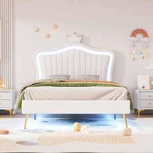 SC-1PC   Twin Size Upholstered Bed Frame with LED Lights, Modern Upholstered Princess Bed With Crown Headboard White - 1 of 4