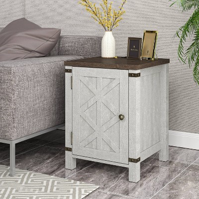 Farmhouse White and Brown Wood End Table with Storage