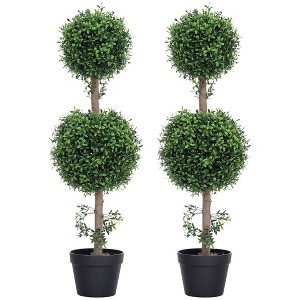 HOMCOM Set of 2 Fake Plants, Artificial Trees in Pot, Ball Boxwood Topiary Tree, Green - 1 of 4
