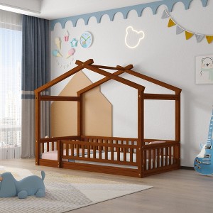 CAVINAS Twin Size Wood Montessori Bed,Modern Floor Bed with House Shaped Frame and Safety Fence,Toddler Bed for Bedroom,Walnut - 1 of 4