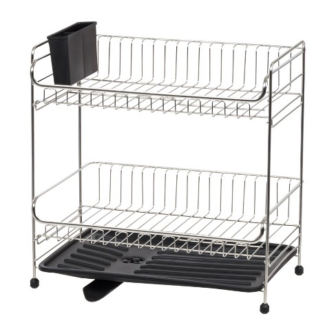 IRIS 2 Tier Stainless Steel Dish Drying Rack with Plastic Drain Black