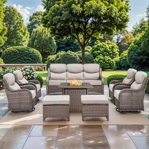Gymojoy 8 Pieces Outdoor Patio Wicker Sofa Swivel Chair Ottoman with 6 Inch Cushions and Fire Pit Table - 1 of 4