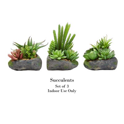 Rustic 3-Piece Faux Succulent Set in Stone Pots, UV-Protected Plastic