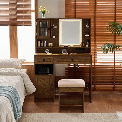 Makeup Vanity Desk with Lighted Mirror, Dressing Table Set with Charging Station, Stool, Drawers & Side Cabinet - ModernLuxe