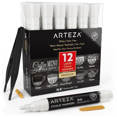 Arteza Non-Toxic Liquid Chalk Paint Markers, White, for Chalk Board, Water-Based, Set Includes Replaceable Tips and Tweezers - 12 Pack