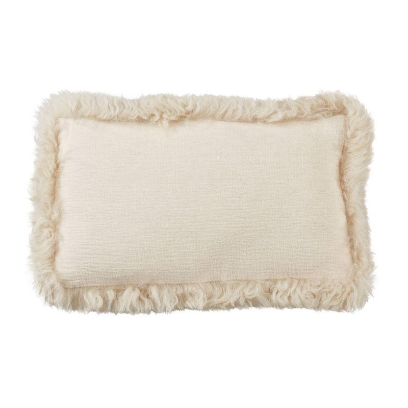 12"x20" Oversize Luxurious Linen Poly Filled with Plush Lamb Fur Border Lumbar Throw Pillow - Saro Lifestyle, 1 of 5