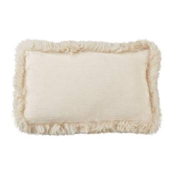 12"x20" Oversize Luxurious Linen Poly Filled with Plush Lamb Fur Border Lumbar Throw Pillow - Saro Lifestyle