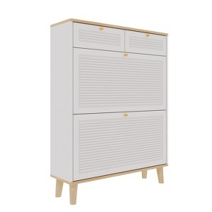Racxily Shoe Cabinet with 2 Flip Doors & 2 Drawers, Narrow Freestanding Shoe Organizer with Wood Legs, White/Natural - 1 of 4