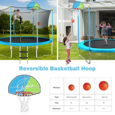 Kids' Round Green Trampoline with Safety Enclosure and Basketball Hoop