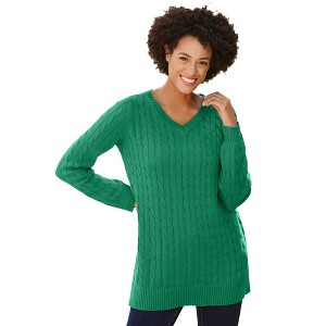 Woman Within Plus Size Cable Knit V-Neck Pullover Sweater - 1 of 4