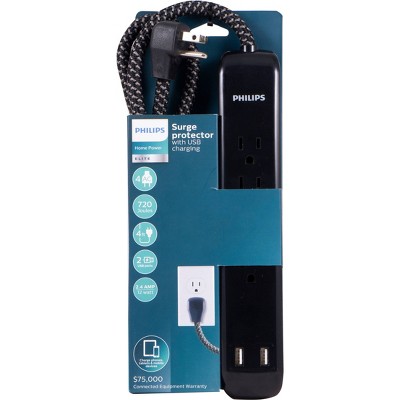 Philips 4-Outlet Surge Protector with USB Ports and 4&#39; Braided Cord - Black_2