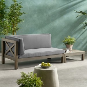 GDFStudio Keith Outdoor Acacia Wood Left Arm Loveseat and Coffee Table Set with Cushion - 1 of 4