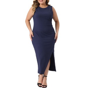 Agnes Orinda Women's Plus Size Side Slit Ruched Crew Neck Sleeveless Knit Casual Maxi Bodycon Tank Dresses - 1 of 4