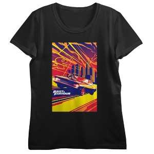 Fast & Furious Dodge Challenger & Skyscrapers Vector Art Crew Neck Short Sleeve Women's Black T-shirt - 1 of 3