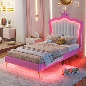 BABYYER Full Size Upholstered Bed Frame, Modern Princess Platform Bed with Adjustable Crown Headboard, No Noise for Girls - 1 of 4